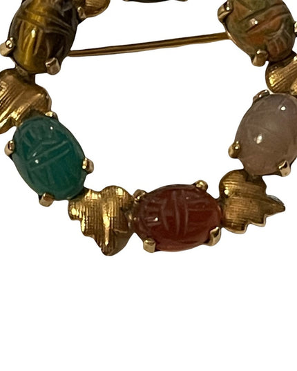 Vintage 12k GF fold filled scarab leaf real stone brooch