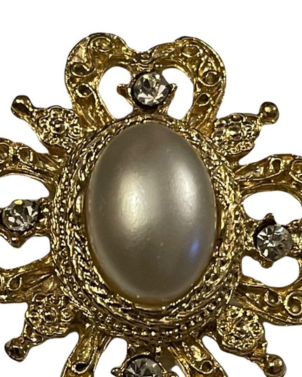 Vintage ornate gold crystal faux pearl majestic brooch