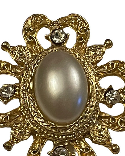 Vintage ornate gold crystal faux pearl majestic brooch