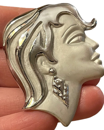 Beautiful vintage woman head fancy brooch silver finish
