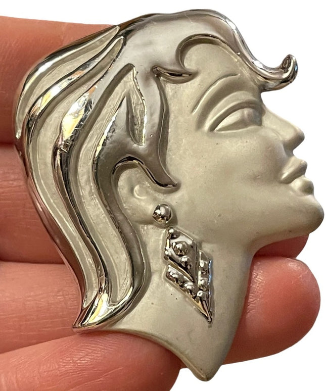Beautiful vintage woman head fancy brooch silver finish