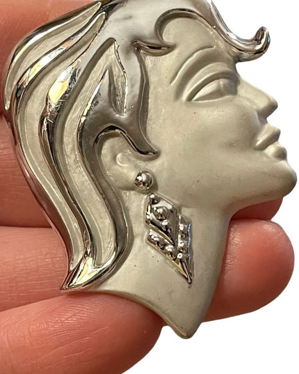 Beautiful vintage woman head fancy brooch silver finish