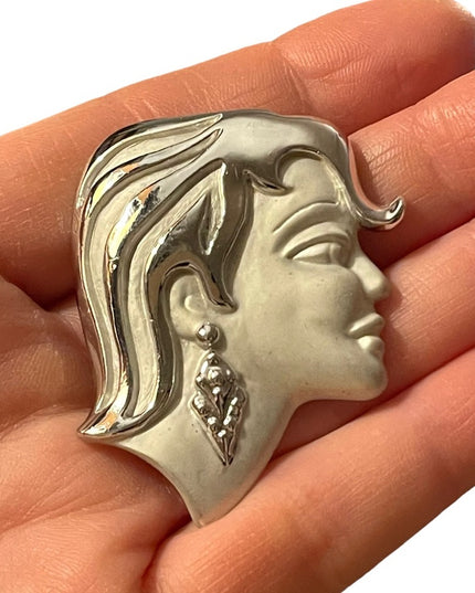 Beautiful vintage woman head fancy brooch silver finish