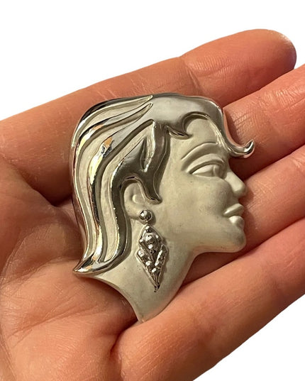 Beautiful vintage woman head fancy brooch silver finish