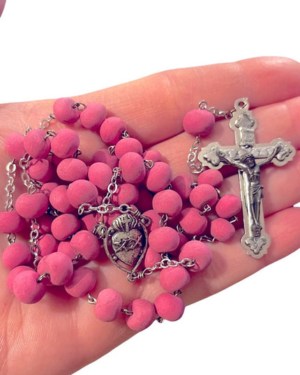 Vintage pink bead Silver cross crucifix rosary Italy Catholic necklace