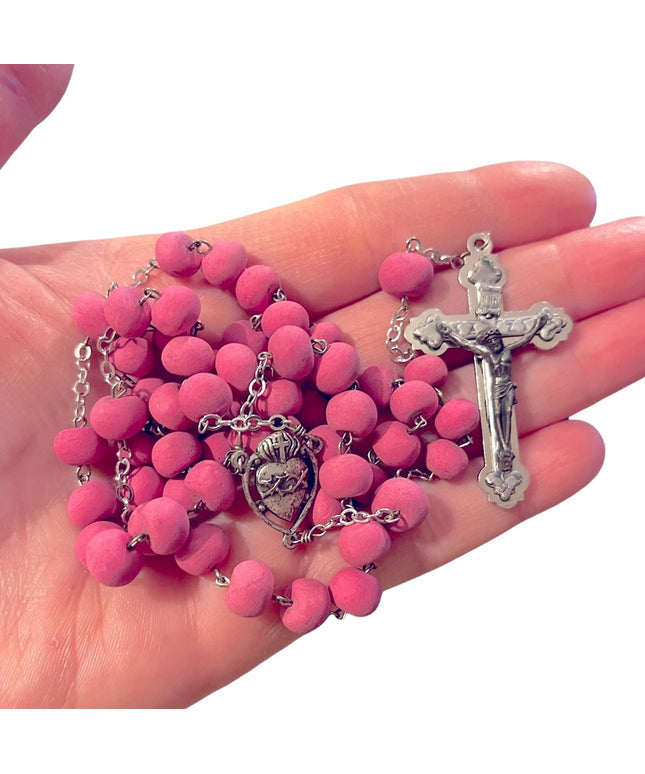 Vintage pink bead Silver cross crucifix rosary Italy Catholic necklace