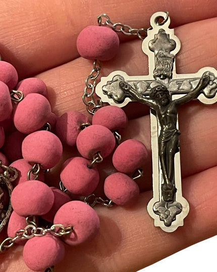 Vintage pink bead Silver cross crucifix rosary Italy Catholic necklace