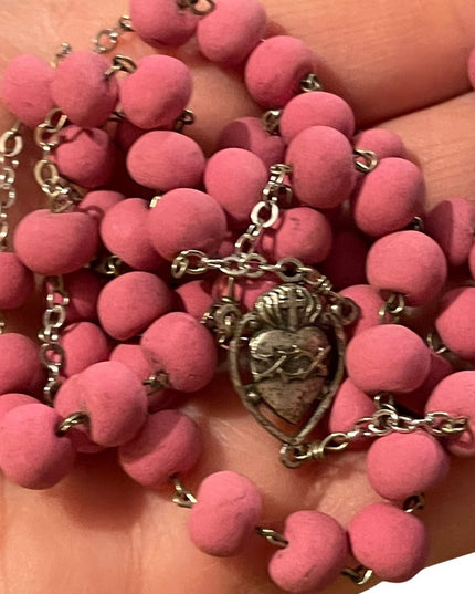 Vintage pink bead Silver cross crucifix rosary Italy Catholic necklace