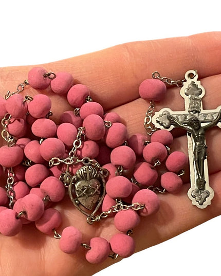 Vintage pink bead Silver cross crucifix rosary Italy Catholic necklace
