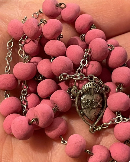 Vintage pink bead Silver cross crucifix rosary Italy Catholic necklace