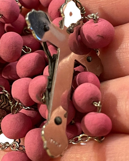 Vintage pink bead Silver cross crucifix rosary Italy Catholic necklace
