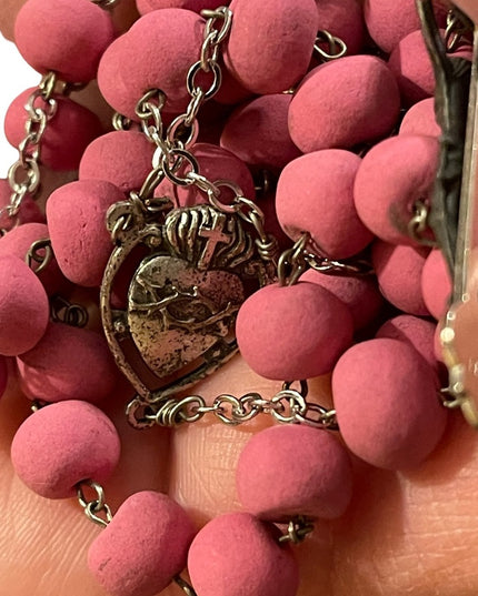 Vintage pink bead Silver cross crucifix rosary Italy Catholic necklace