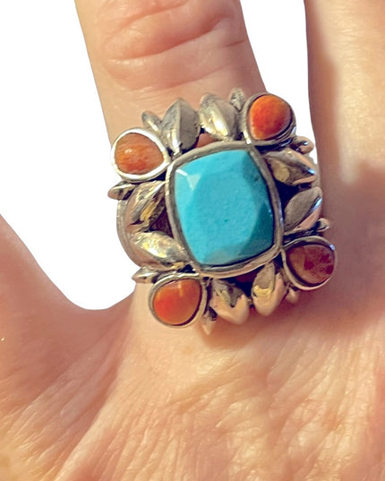 Vintage sterling silver large chunky navajo Turquoise & Spiny Oyster Ring