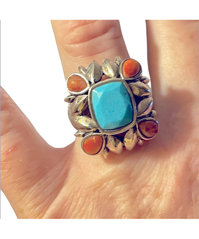 Vintage sterling silver large chunky navajo Turquoise & Spiny Oyster Ring