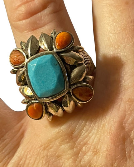 Vintage sterling silver large chunky navajo Turquoise & Spiny Oyster Ring