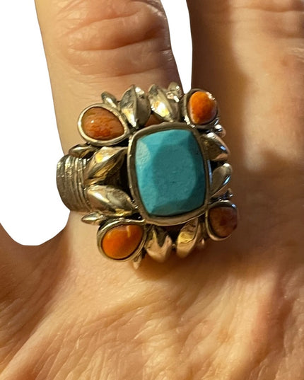 Vintage sterling silver large chunky navajo Turquoise & Spiny Oyster Ring