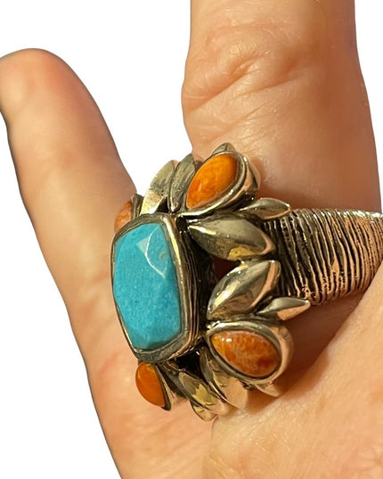 Vintage sterling silver large chunky navajo Turquoise & Spiny Oyster Ring