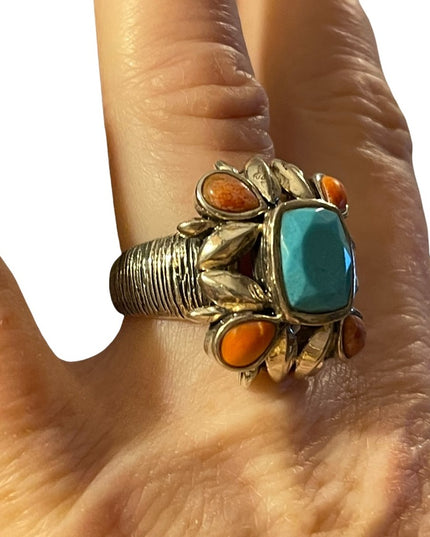 Vintage sterling silver large chunky navajo Turquoise & Spiny Oyster Ring
