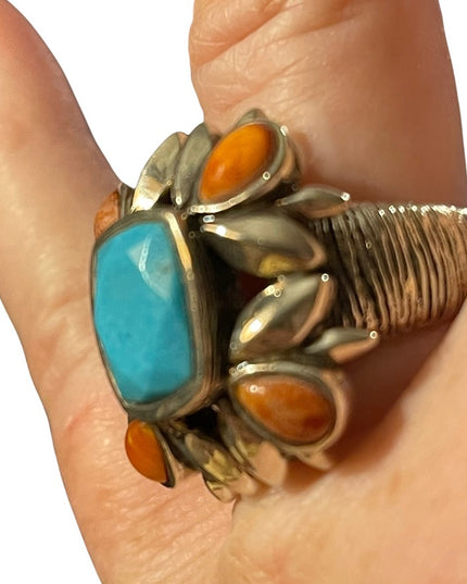 Vintage sterling silver large chunky navajo Turquoise & Spiny Oyster Ring