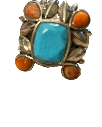 Vintage sterling silver large chunky navajo Turquoise & Spiny Oyster Ring