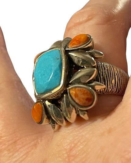 Vintage sterling silver large chunky navajo Turquoise & Spiny Oyster Ring