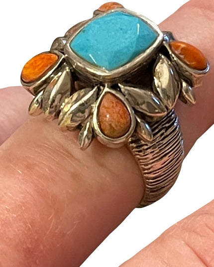 Vintage sterling silver large chunky navajo Turquoise & Spiny Oyster Ring
