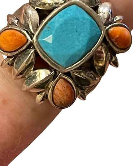 Vintage sterling silver large chunky navajo Turquoise & Spiny Oyster Ring