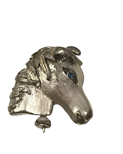 Vintage antiqued silver finish blue crystal eye horse brooch