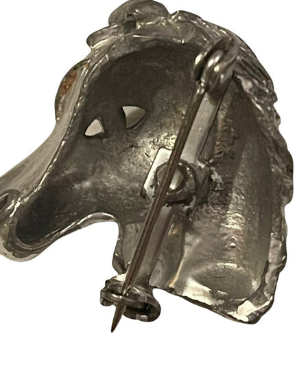 Vintage antiqued silver finish blue crystal eye horse brooch