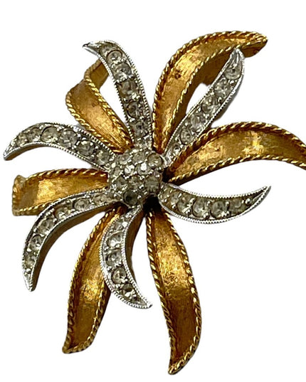 Vintage Brushed silver and gold rhinestone flower startburat brooch