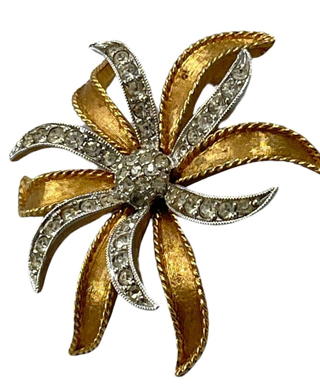 Vintage Brushed silver and gold rhinestone flower startburat brooch