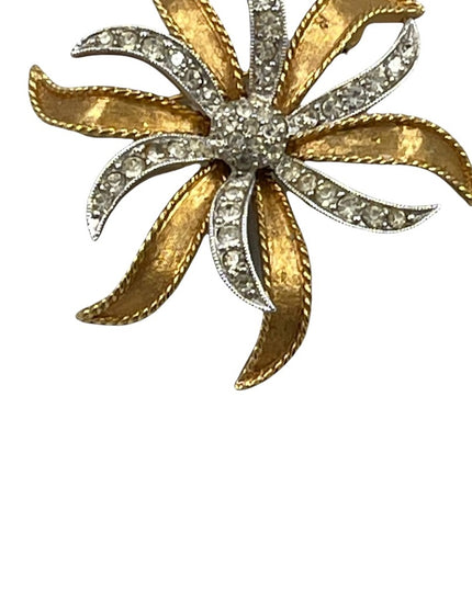 Vintage Brushed silver and gold rhinestone flower startburat brooch