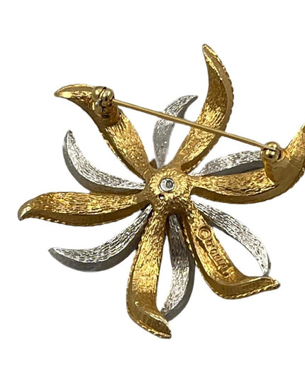 Vintage Brushed silver and gold rhinestone flower startburat brooch