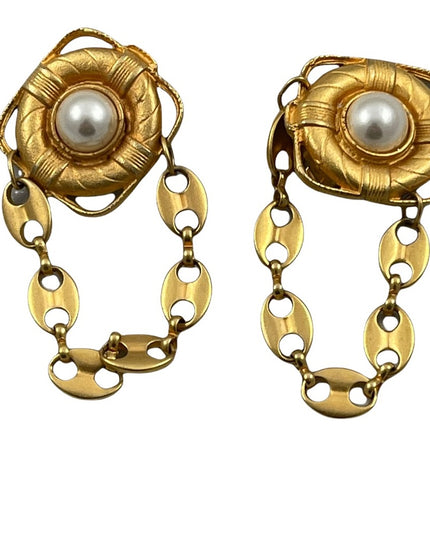 Vintage Amy Jo gold finish faux pearl nautical mariner dangle clip on earrings