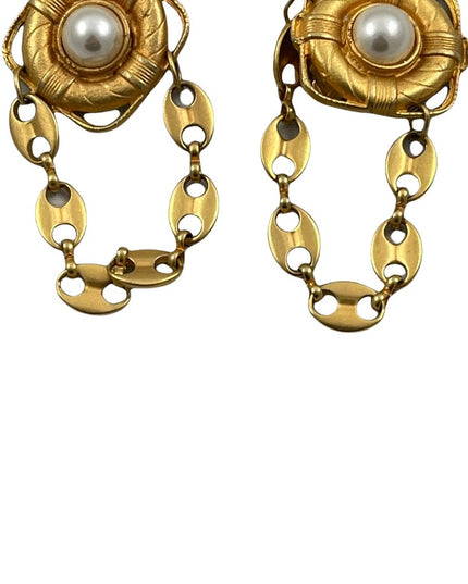 Vintage Amy Jo gold finish faux pearl nautical mariner dangle clip on earrings