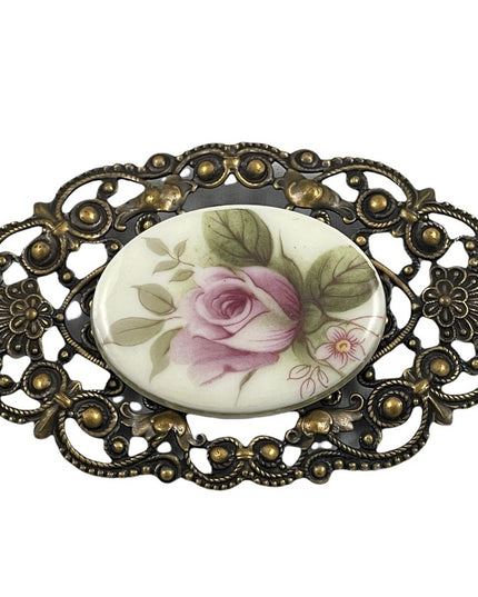 Vintage ceramic cameo flower brooch ornate Victorian LOOK  large