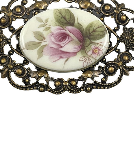 Vintage ceramic cameo flower brooch ornate Victorian LOOK  large