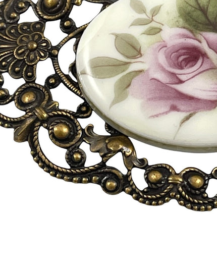 Vintage ceramic cameo flower brooch ornate Victorian LOOK  large