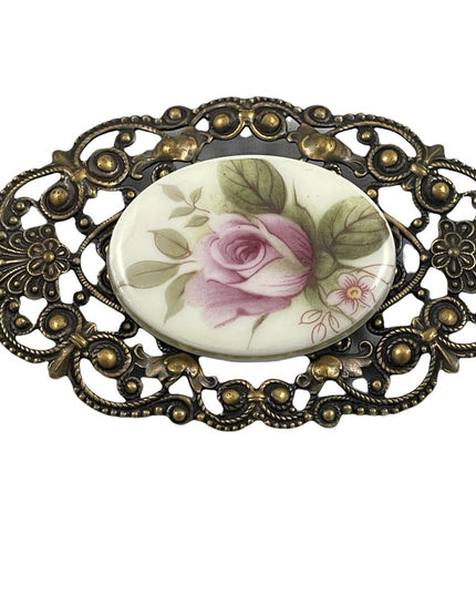 Vintage ceramic cameo flower brooch ornate Victorian LOOK  large