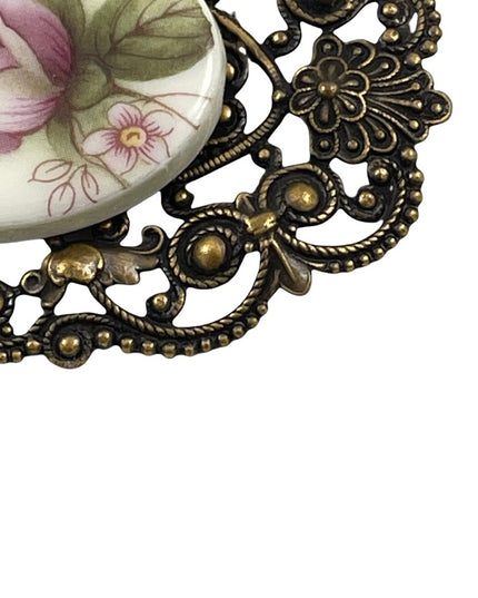 Vintage ceramic cameo flower brooch ornate Victorian LOOK  large