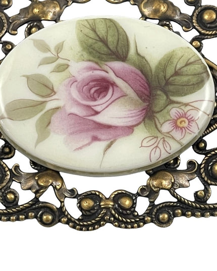 Vintage ceramic cameo flower brooch ornate Victorian LOOK  large