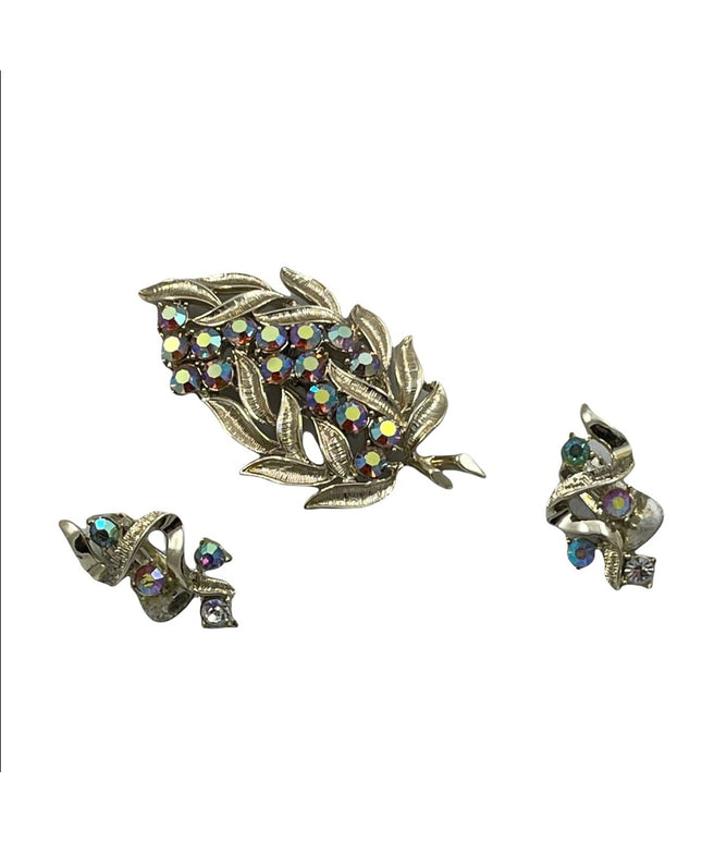 Vintage gold finish CORO clip on earrings & rhinestone flower brooch crystals