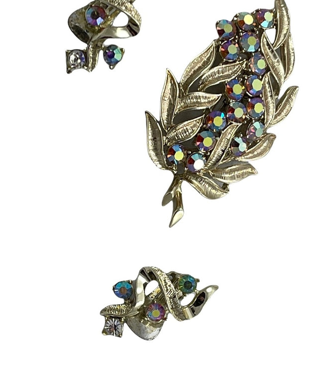 Vintage gold finish CORO clip on earrings & rhinestone flower brooch crystals