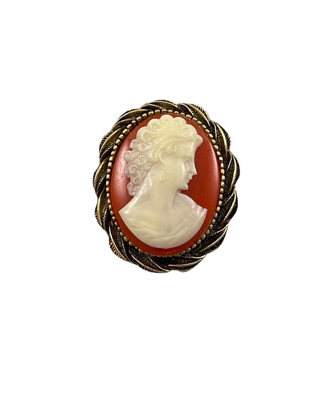 Vintage large resin cameo gold brushed twist finish cameo brooch