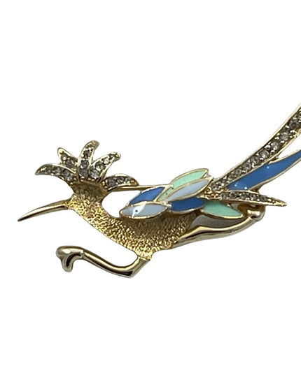 Beautiful gold and enameled multicolor road runner brooch