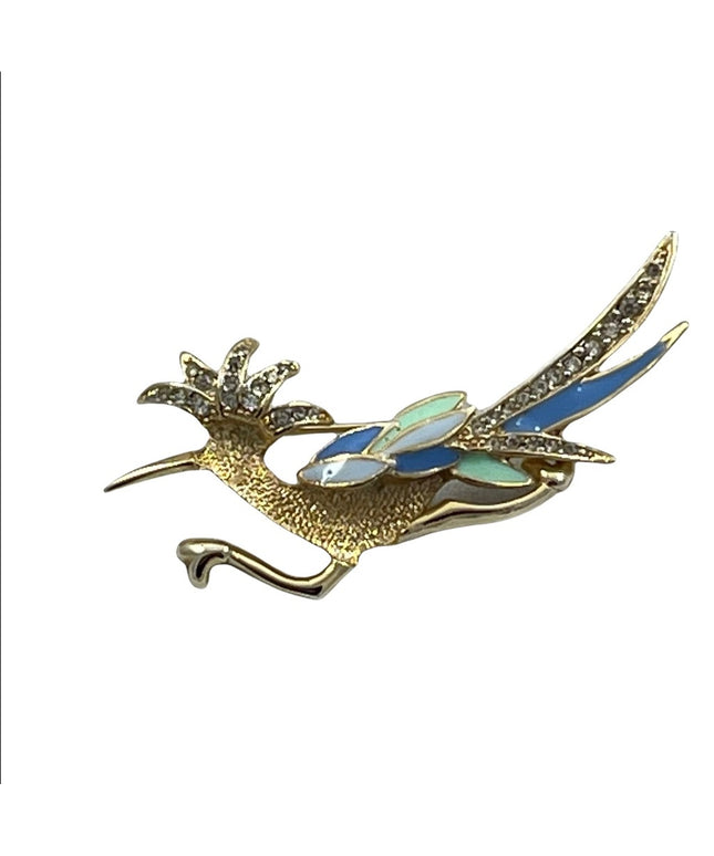 Beautiful gold and enameled multicolor road runner brooch