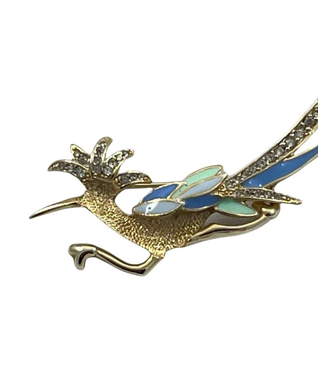Beautiful gold and enameled multicolor road runner brooch