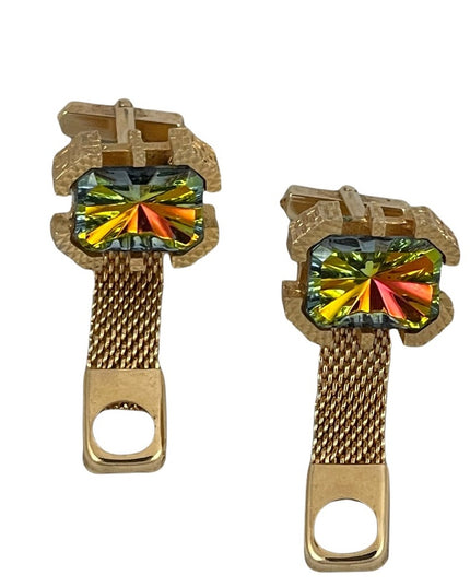 Vintage 1970s Chunky gold nugget large crystal green tellow ish AB cuff links