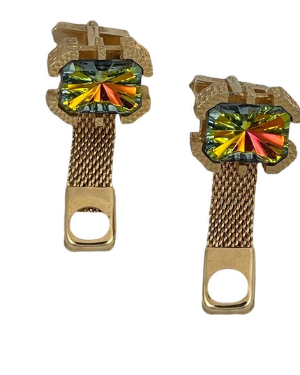 Vintage 1970s Chunky gold nugget large crystal green tellow ish AB cuff links