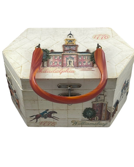 Vintage box purse US independance theme Philadelphia Bakelight ? handle Vg